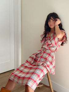 1940s cotton dress 1940s Red Plaid Cotton Dress