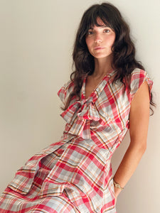 40s Red Plaid Cotton Dress